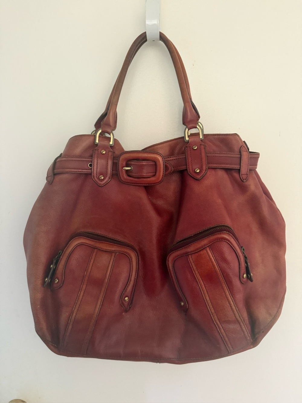 Cole Haan Vintage Red Leather Belted Shoulder Bag Large Slouchy Tote